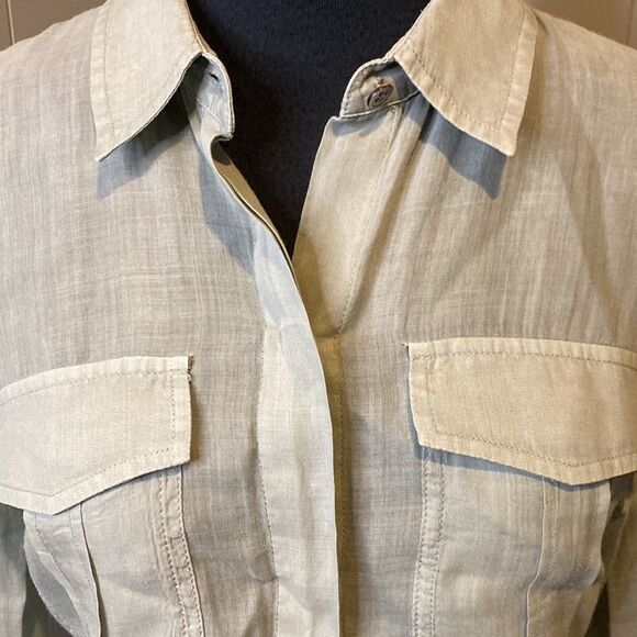 Theory Women’s Small Linen Blend Button Up Shirt Barley Roll Tab Sleeves Dervan - Picture 2 of 7